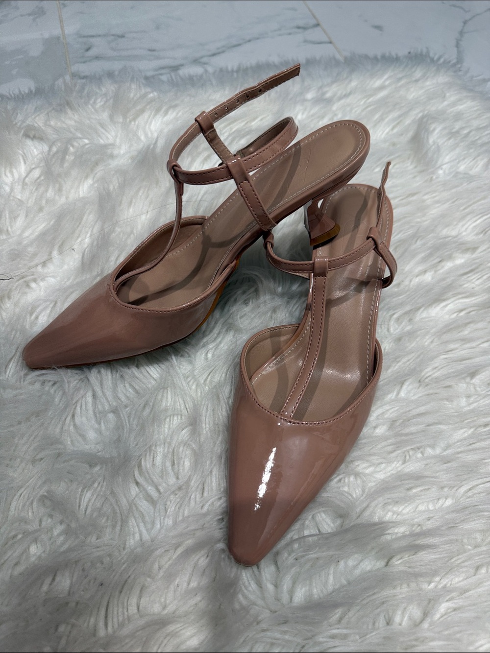 Women's Patent Pointed-Toe T-Strap Slingback Heels - Nude Pink